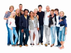Group of happy friends standing against white background